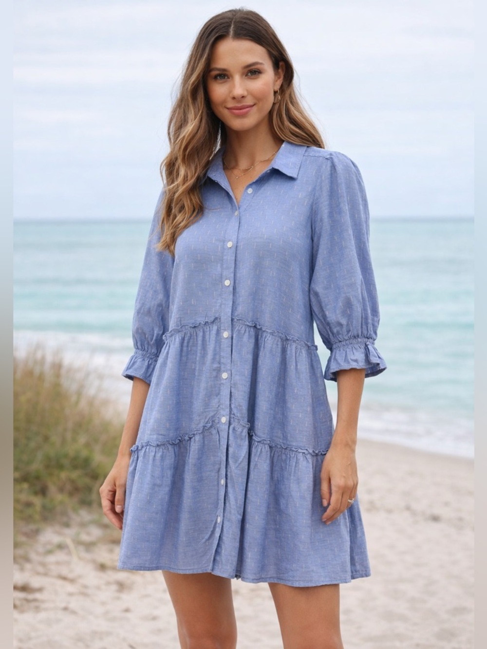 Mi Ami Francescas Blue Chambray Tiered Babydoll Dress Puff Sleeve Sz Small Boho